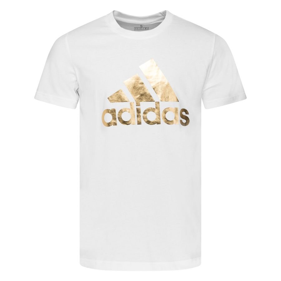 white adidas t shirt with gold logo
