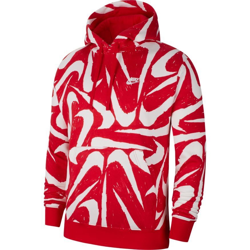 white nike hoodie with red logo