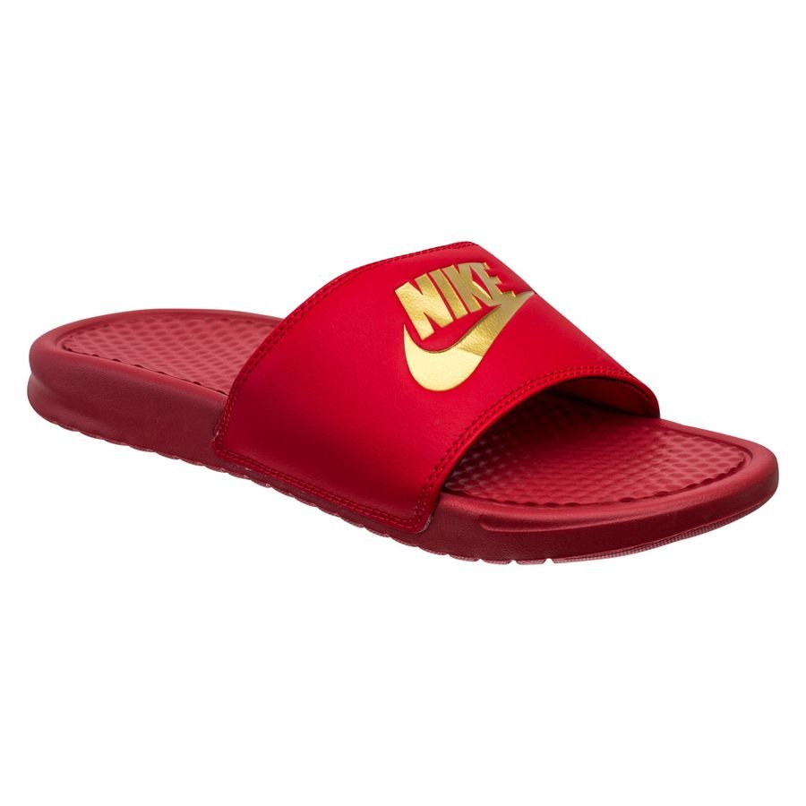 red and gold nike slides mens